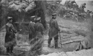 Фрагмент панорамы. Начальник пехоты Малахова кургана генерал Юферов с офицерами и ординарцем наблюдают за боем у батареи Жерве.